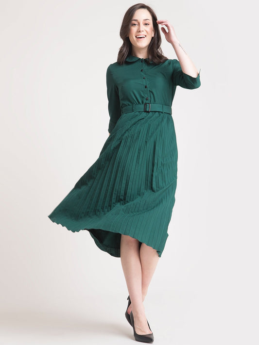 Peter Pan Collar Pleated A Line Dress - Green
