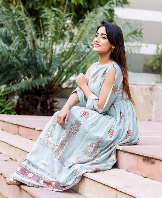 Boat Neck Long Dress with Designer Sleeves