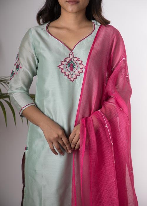 Rajnigandha'Hand Embroidered mint chanderi kurta . 2pc set (kurta and dupatta)
