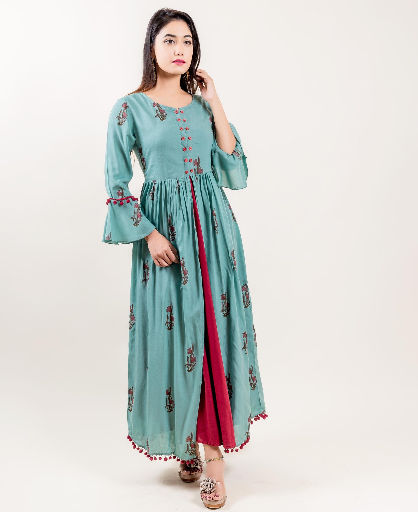 Rayon Double Layered Front Slit Indo Western Long Dress