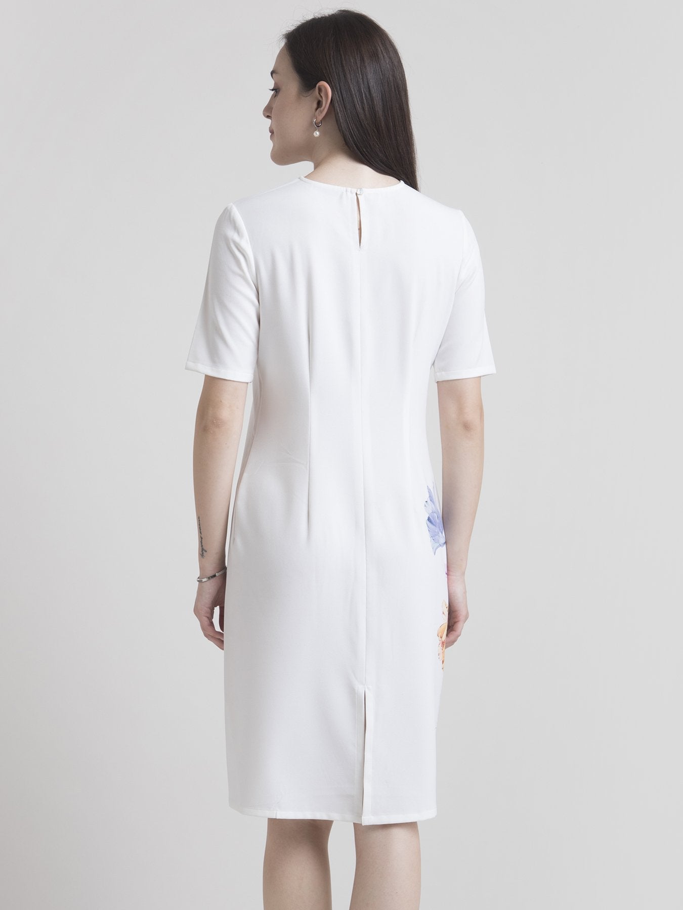 Round Neck Watercolour Floral Shift Dress - White