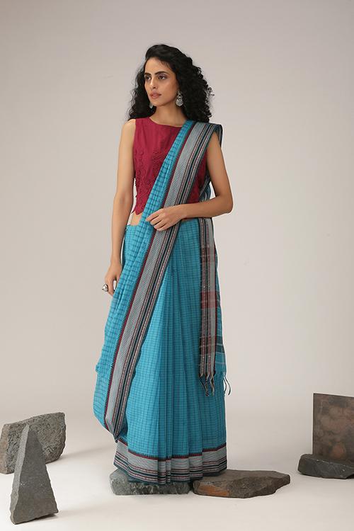 Dobby cotton handloom saree- Teal Blue