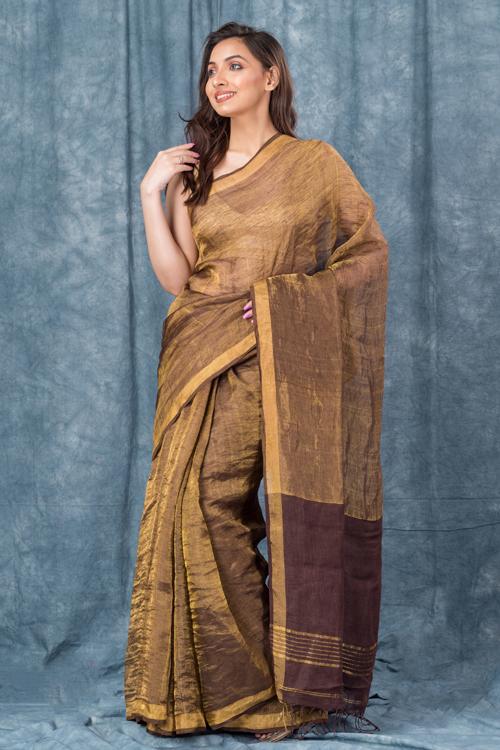 Handwoven Pure Brown Linen Saree