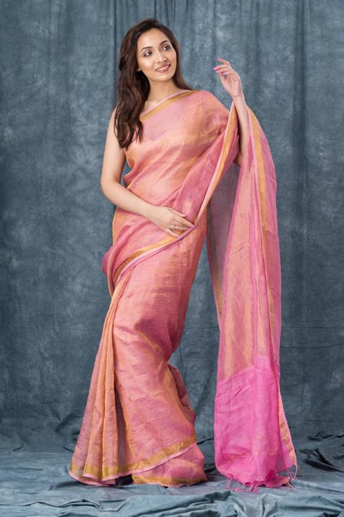 Handwoven Pure Linen Pink Saree