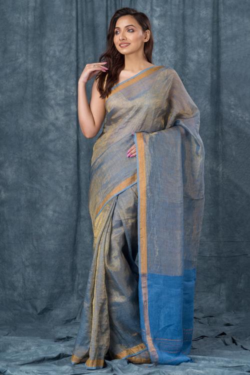 Handwoven Pure Linen Sky Blue Saree