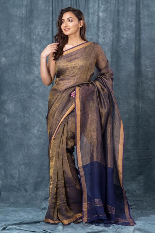 Handwoven Pure Linen Dark Indigo Saree