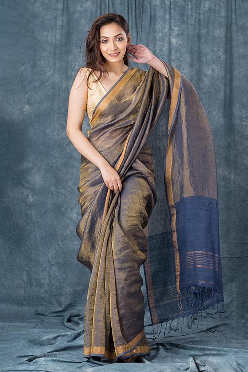 Handwoven Pure Linen Light Indigo Saree