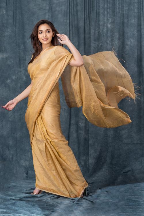 Handwoven Pure Linen Natural Saree
