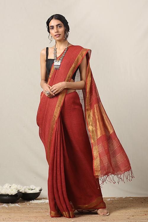 Sasha Red Pure Linen Sarees
