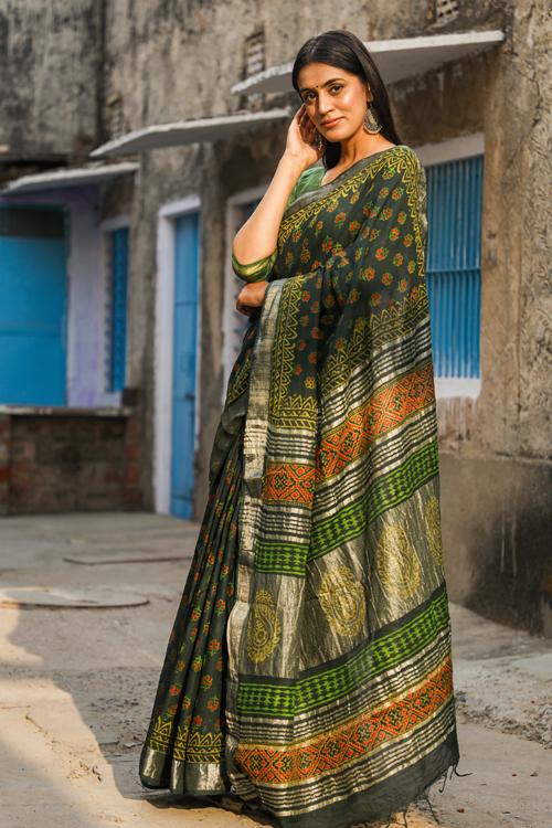 Sun & Shadows: Handblock Printed Slub Cotton Saree