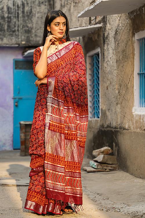 Sindoori Laal: Handblock Print Cotton Slub Saree