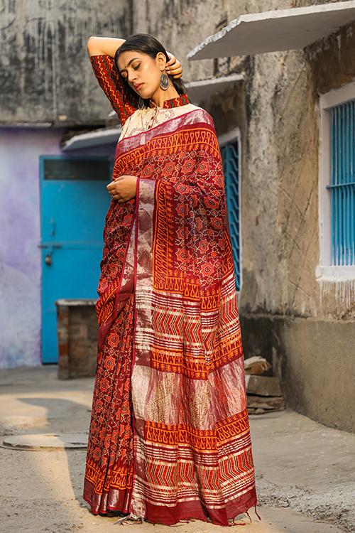 Sindoori Laal: Handblock Print Cotton Slub Saree