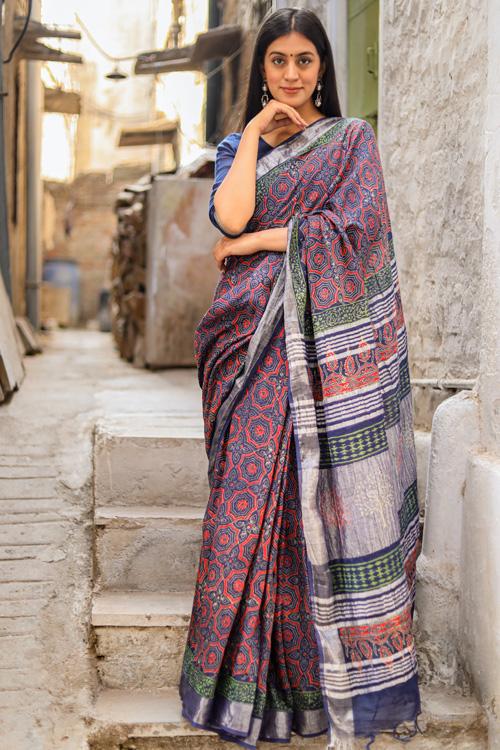 Udaan - Flights of Fantasy : Handblock Printed Slub Cotton Saree