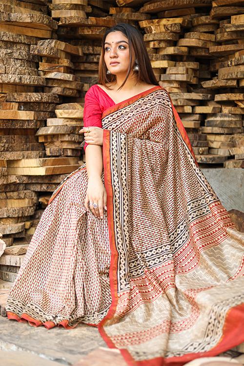 Building Blocks of Wisdom : BAGRU Handblock Print Chanderi Silk Saree