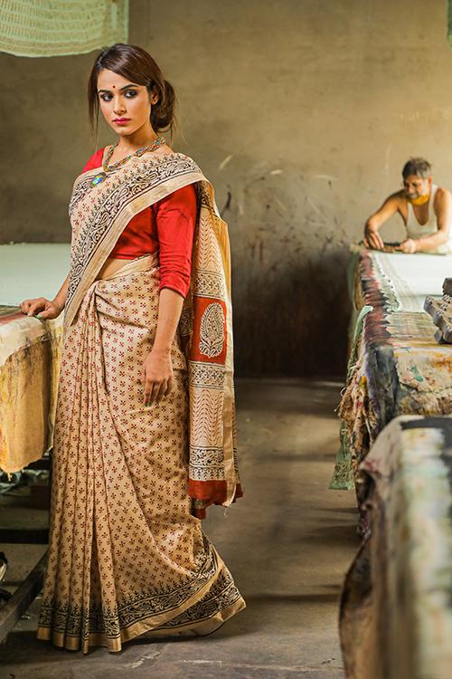 Bagru Handblock Print Maheshwari Silk Saree-1