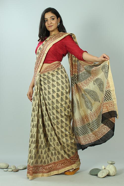 Bagru Handblock Print Maheshwari Silk Saree-5