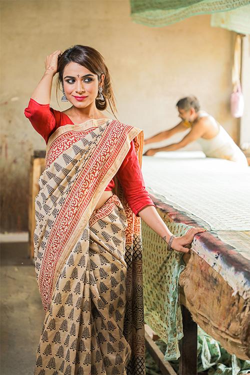 Bagru Handblock Print Maheshwari Silk Saree