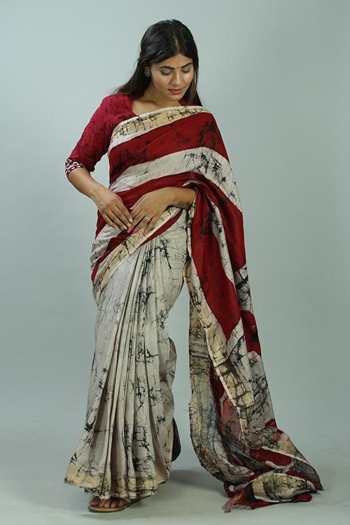 Batik Handblock Print Slub Cotton Saree-77