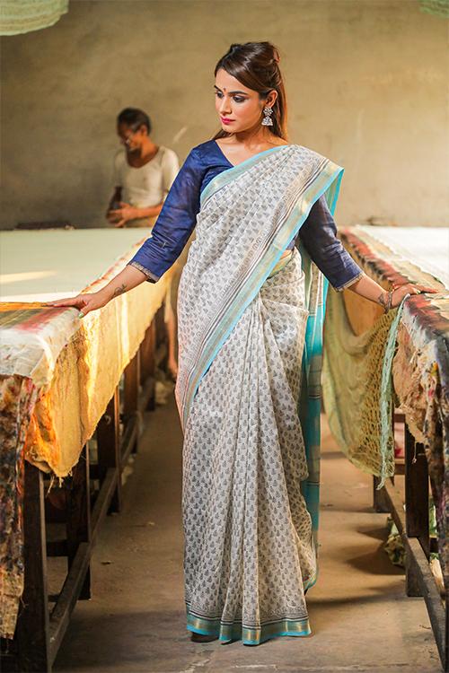 Pigment Handblock Print Maheshwari Silk Saree-1