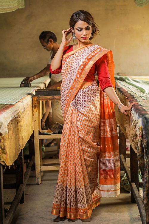 Pigment Handblock Print Maheshwari Silk Saree-5