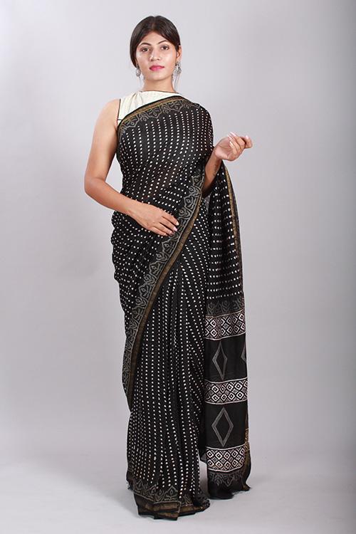 Chuna Patri Handblock Print Chanderi Silk Saree in a contrast blend of Black & White-44
