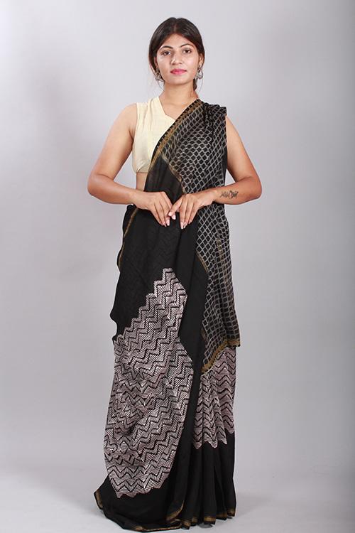 Chuna Patri Handblock Print Chanderi Silk Saree in a contrast blend of Black & White-52