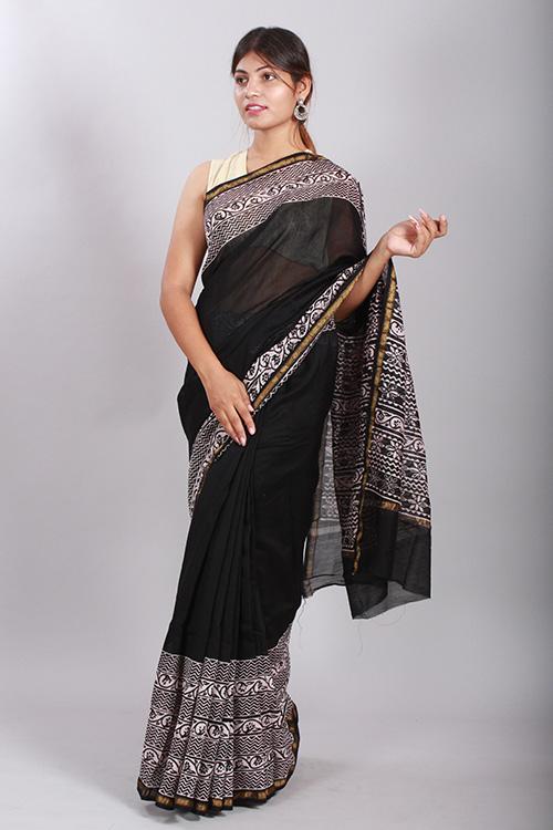 Chuna Patri Handblock Print Chanderi Silk Saree in a contrast blend of Black & White-54