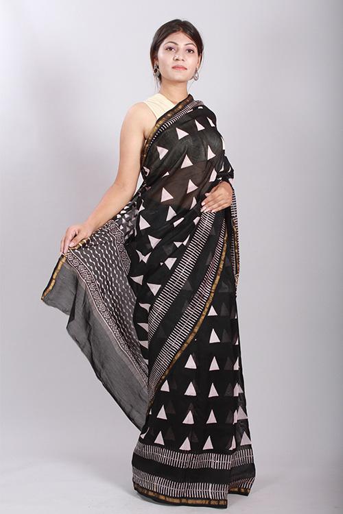 Chuna Patri Handblock Print Chanderi Silk Saree in a contrast blend of Black & White-58