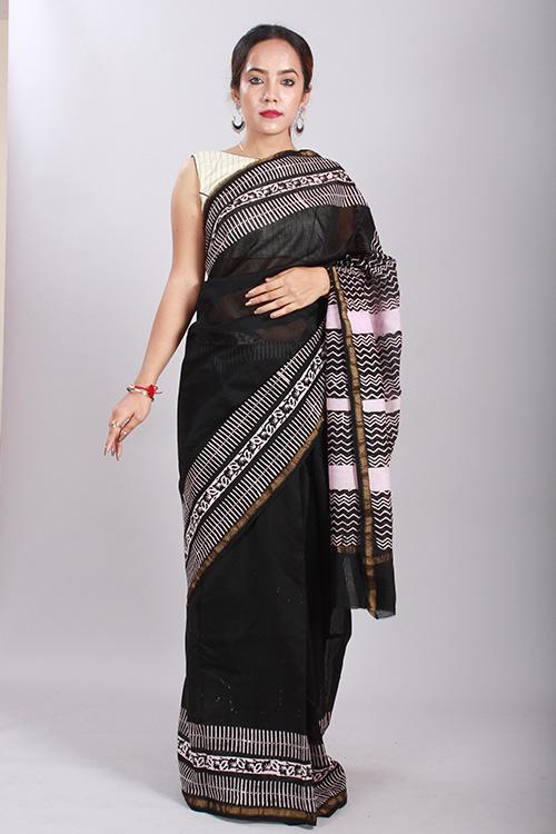 Chuna Patri Handblock Print Chanderi Silk Saree in a contrast blend of Black & White-59