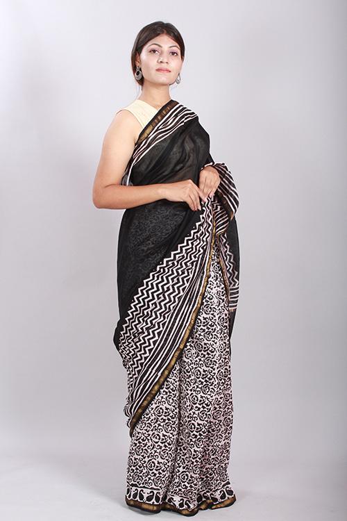 Chuna Patri Handblock Print Chanderi Silk Saree in a contrast blend of Black & White-60