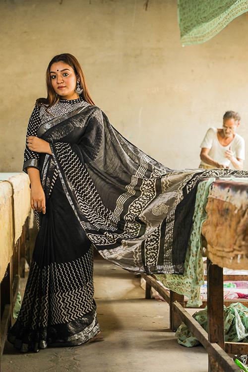 Hand Block Printed Slub Cotton Saree-13