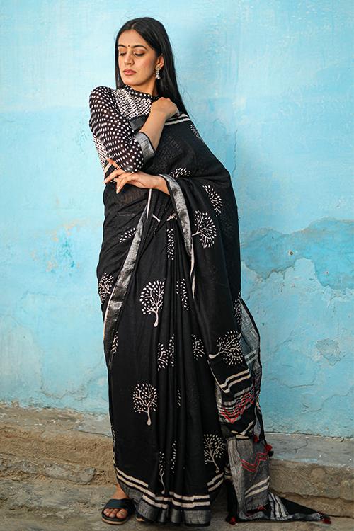 Tree of Life: CHUNA PATRI Handblock Printed Chanderi Silk Saree