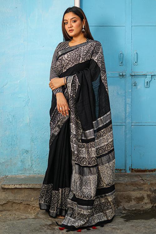 Between Dreams: CHUNA PATRI Handblock Printed Chanderi Silk Saree
