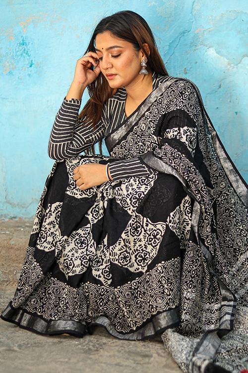 Checkmate: CHUNA PATRI Handblock Printed Chanderi Silk Saree
