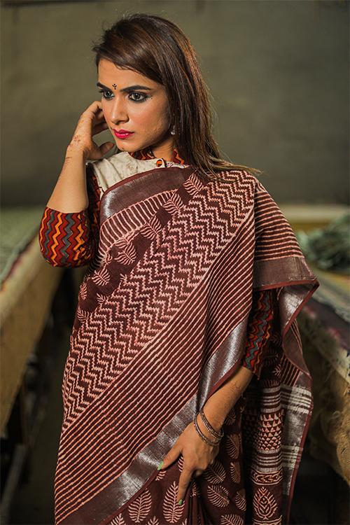 Hand Block Printed Slub Cotton Saree-11