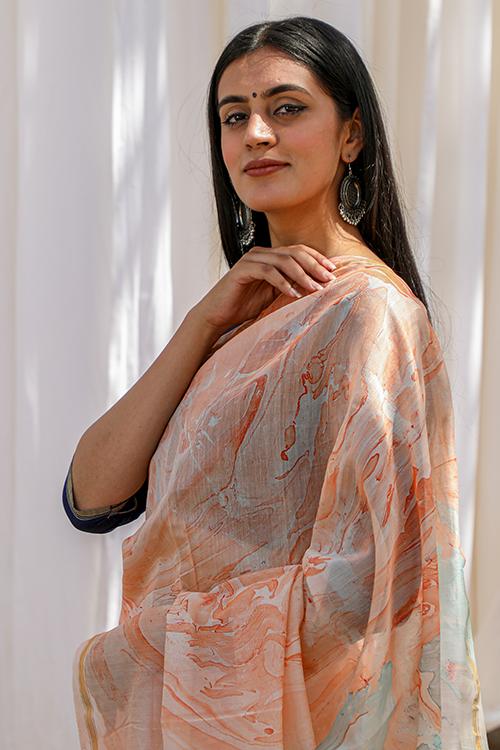 Tangy Narangi : Hand Marble Printed Chanderi Silk Saree