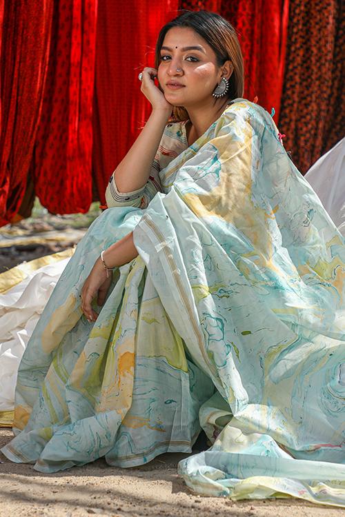 A Blaze of Style : Hand Marble Printed Chanderi Silk Saree