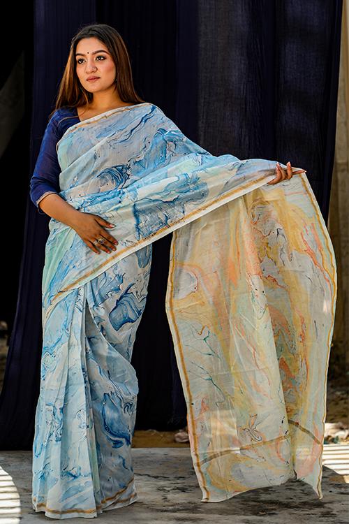 Nadiya ke Paar : Hand Marble Printed Chanderi Silk Saree