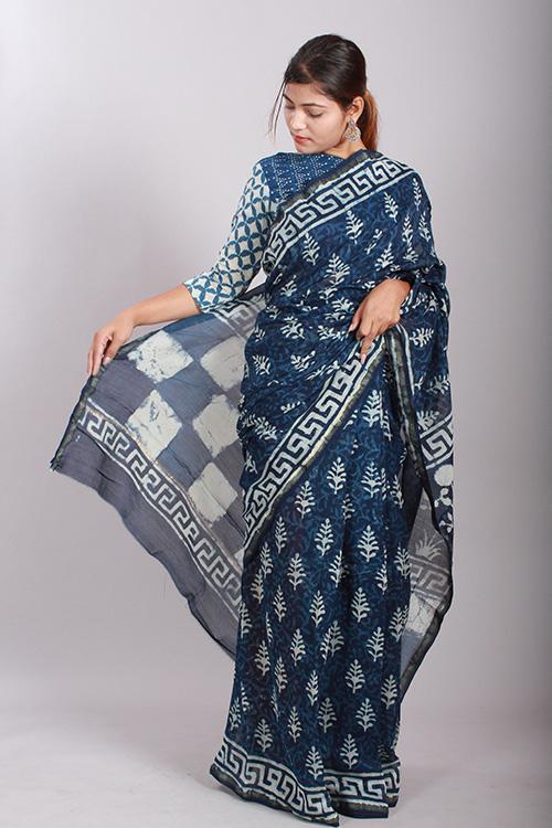 Indigo Dabu Handblock Print Chanderi Silk Saree-1