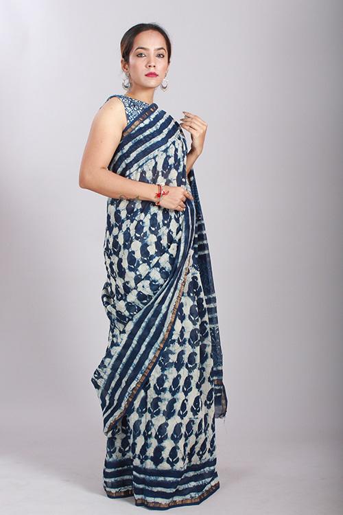 Indigo Dabu Handblock Print Chanderi Silk Saree-2