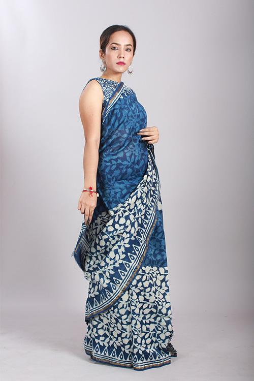 Indigo Dabu Handblock Print Chanderi Silk Saree-11