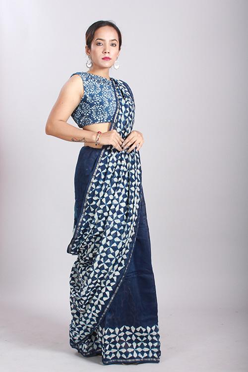 Indigo Dabu Handblock Print Chanderi Silk Saree-13