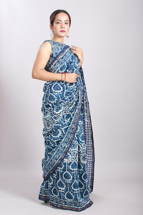 Indigo Dabu Handblock Print Chanderi Silk Saree-15