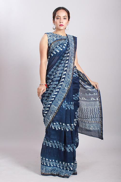 Indigo Dabu Handblock Print Chanderi Silk Saree-17