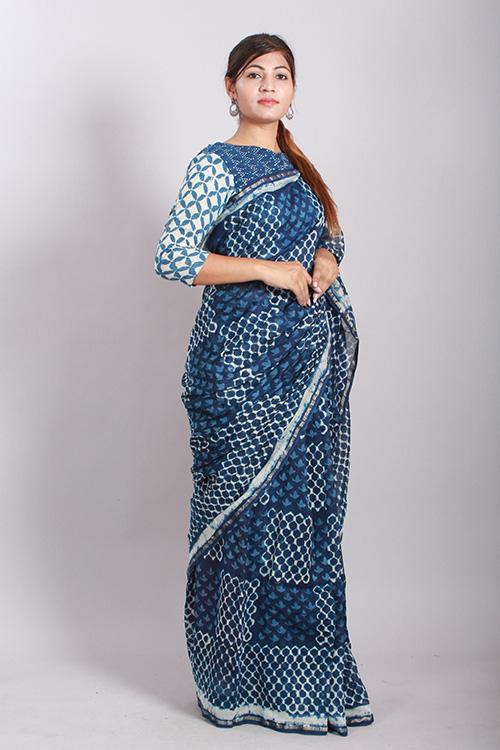 Indigo Dabu Handblock Print Chanderi Silk Saree-20