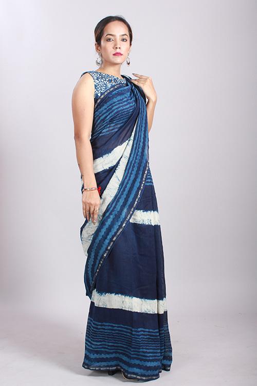 Indigo Dabu Handblock Print Chanderi Silk Saree-21