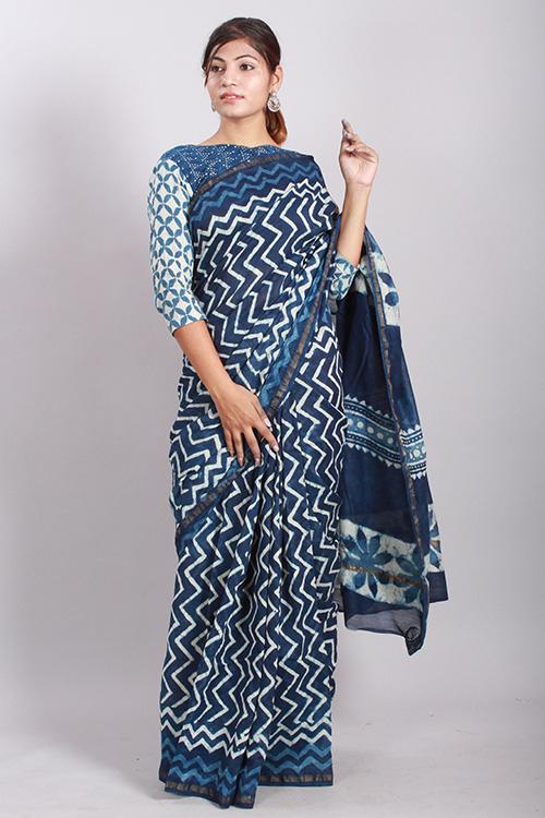 Indigo Dabu Handblock Print Chanderi Silk Saree-22