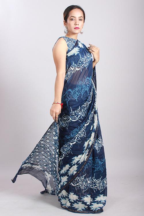 Indigo Dabu Handblock Print Chanderi Silk Saree-23