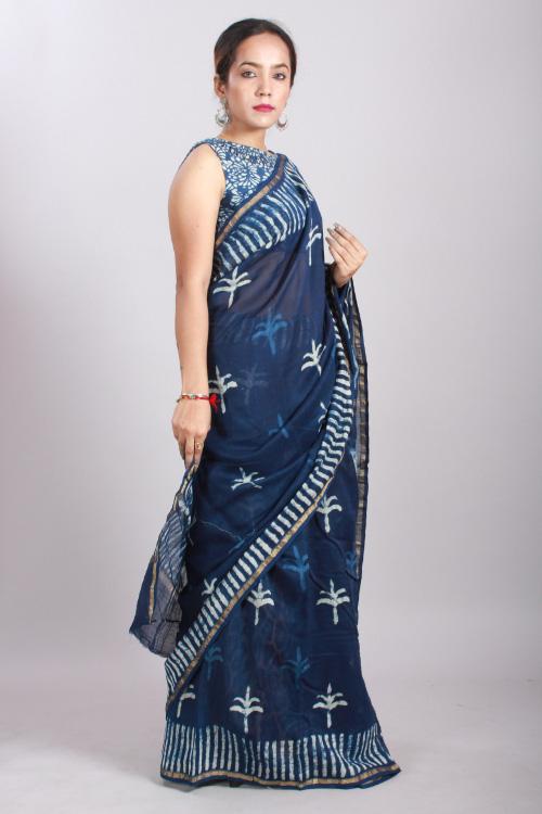 Indigo Dabu Handblock Print Chanderi Silk Saree-24