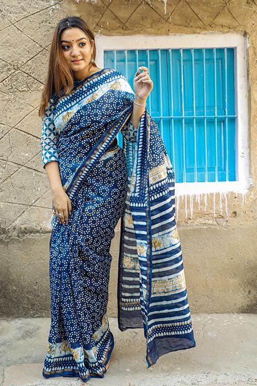 Wheels of Time: DABU INDIGO Handblock Printed Chanderi Silk Saree